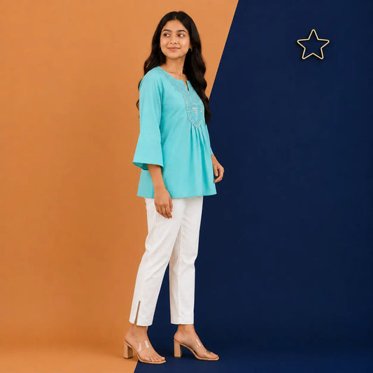 Irtevo Teen Girls Aqua Blue Mirror-Work Embroidered Short Kurti Top