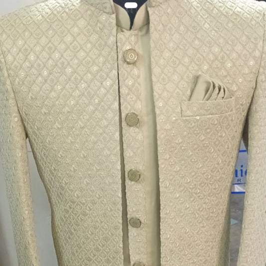 Jacquard light beige/champagne gold color sherwani