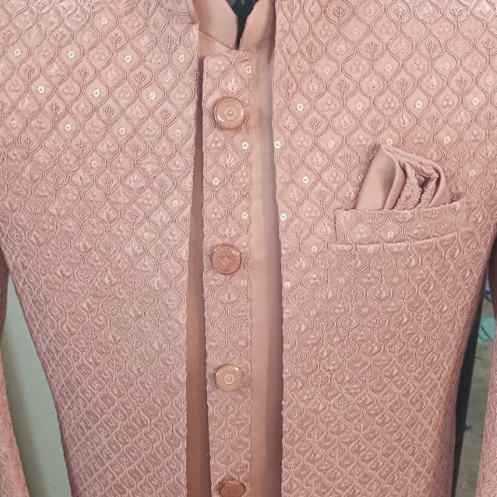 Light pink thread work open sherwani set
