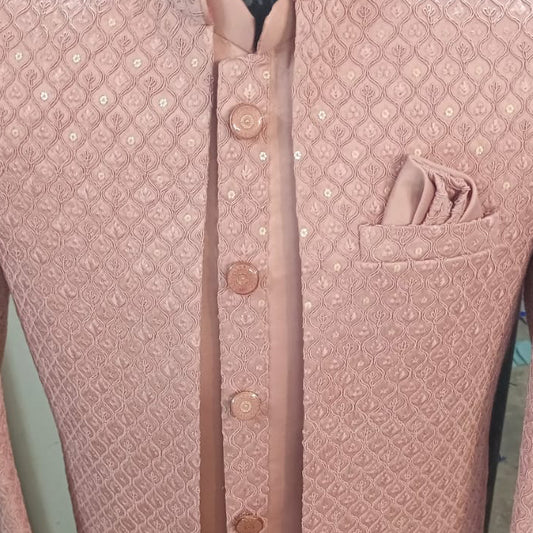 Light pink thread work open sherwani set