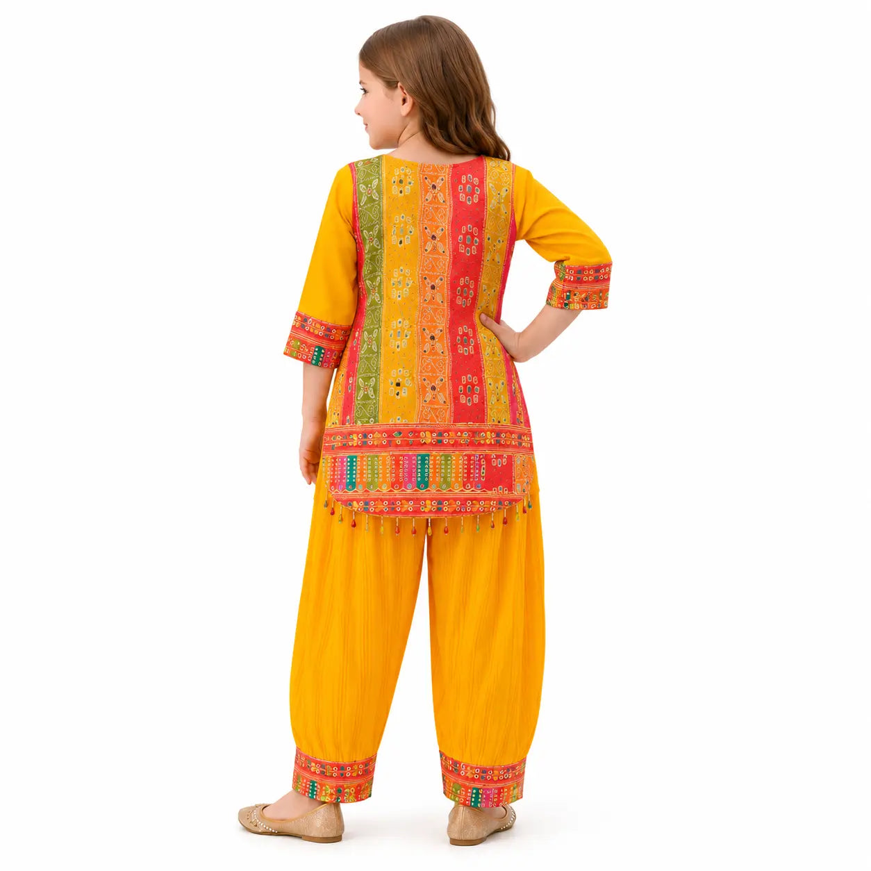 Irtevo Girls Yellow Bandhani Print Kurti with Pants & Potli Bag Set