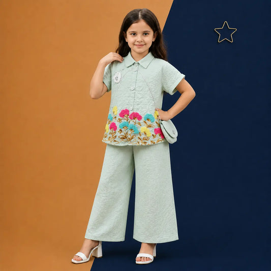 Irtevo Girls Co-Ord Set with Floral French-Knot Embroidery & Crossbody Sling Bag