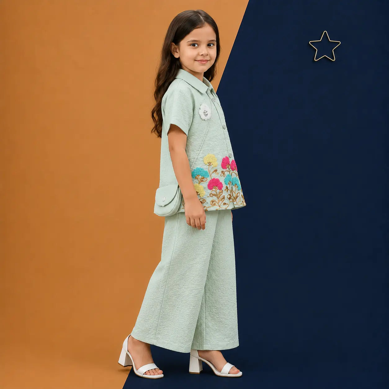 Irtevo Girls Co-Ord Set with Floral French-Knot Embroidery & Crossbody Sling Bag