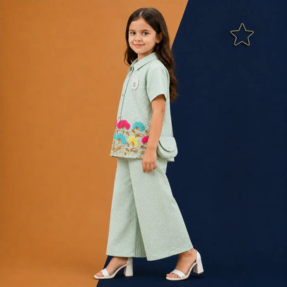 Irtevo Girls Co-Ord Set with Floral French-Knot Embroidery & Crossbody Sling Bag
