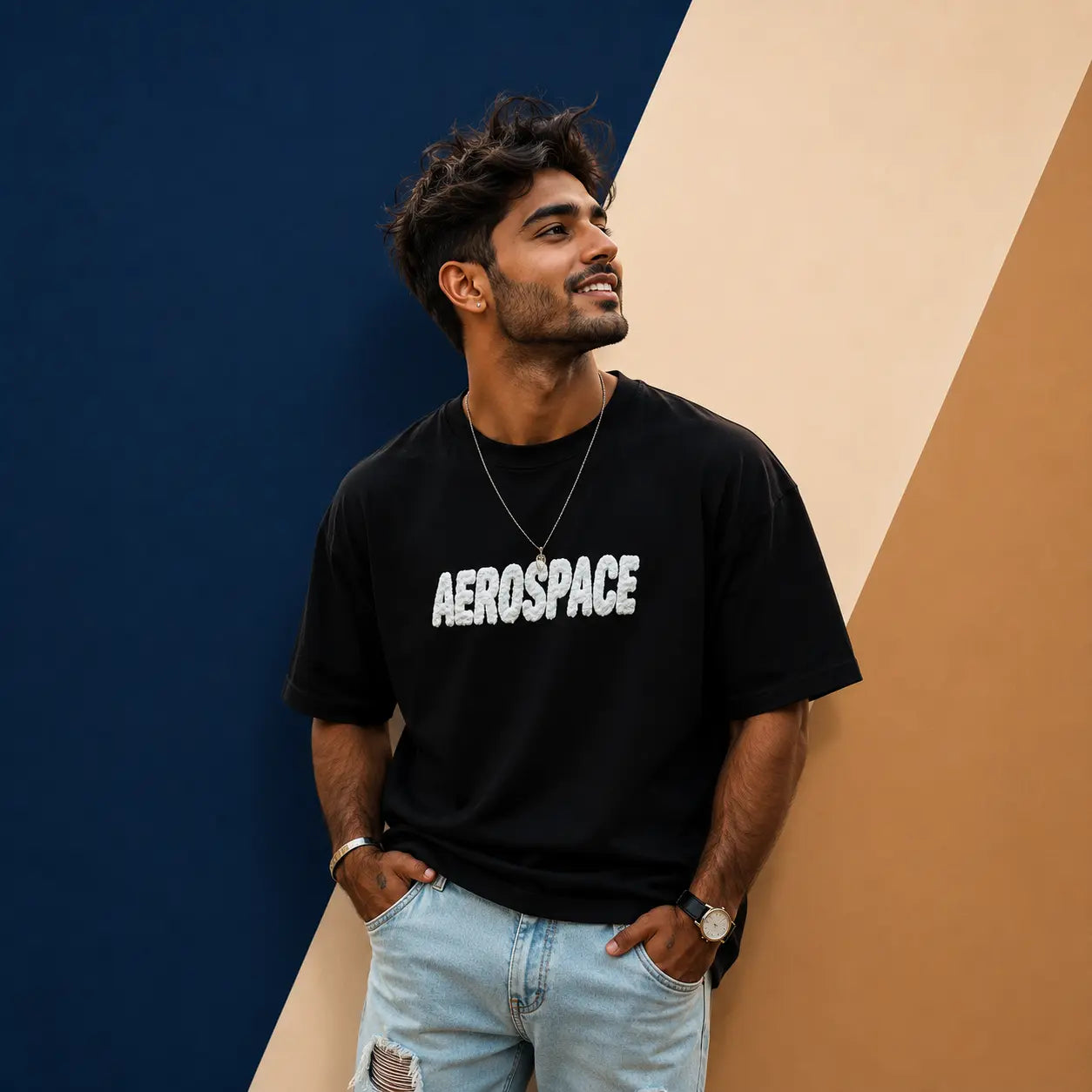 Irtevo Fashion Aerospace Puff Print Oversized T-Shirt – Black