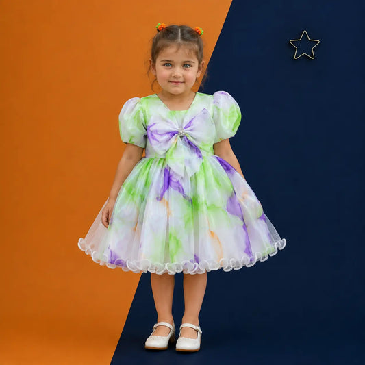 Irtevo Girls Lime & Purple Marble-Print Organza Party Frock with Front Bow