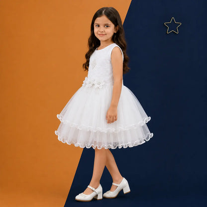 Irtevo Girls White Net Layered Partywear Frock with Pearl & Flower