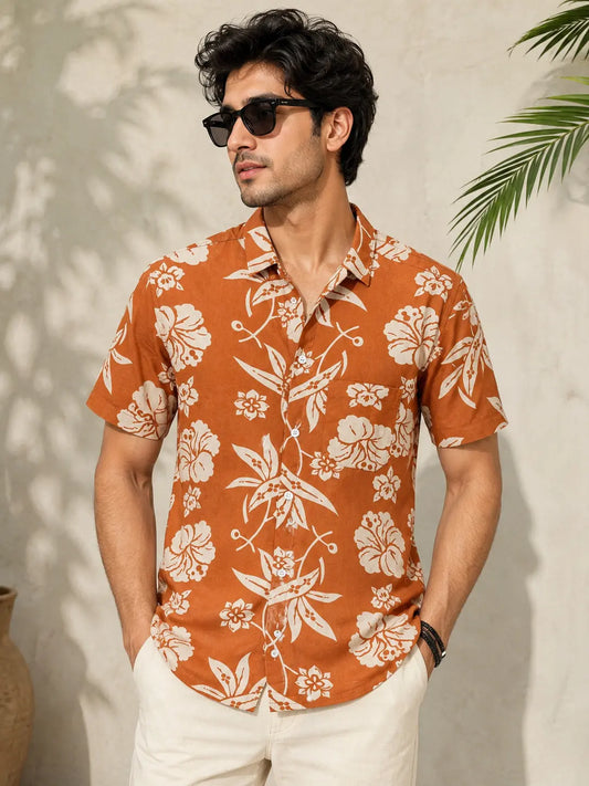 Irtevo Rust Bloom Floral Printed Shirt