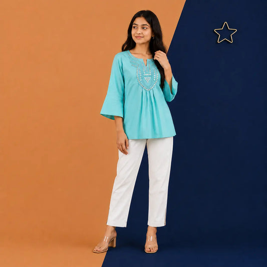 Irtevo Teen Girls Aqua Blue Mirror-Work Embroidered Short Kurti Top