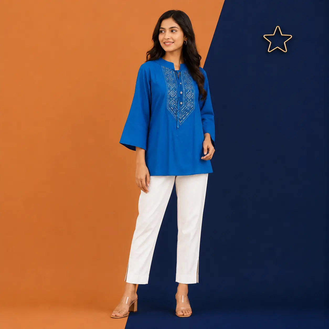 Irtevo Teen Girls Embellished Blue Ethnic Tunic Top