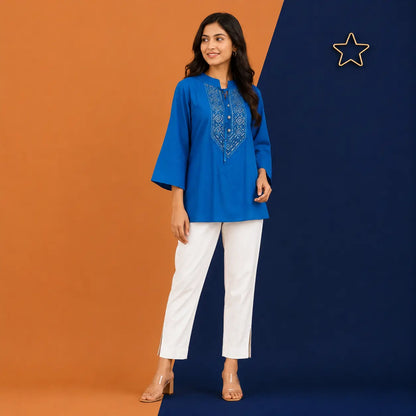 Irtevo Teen Girls Embellished Blue Ethnic Tunic Top