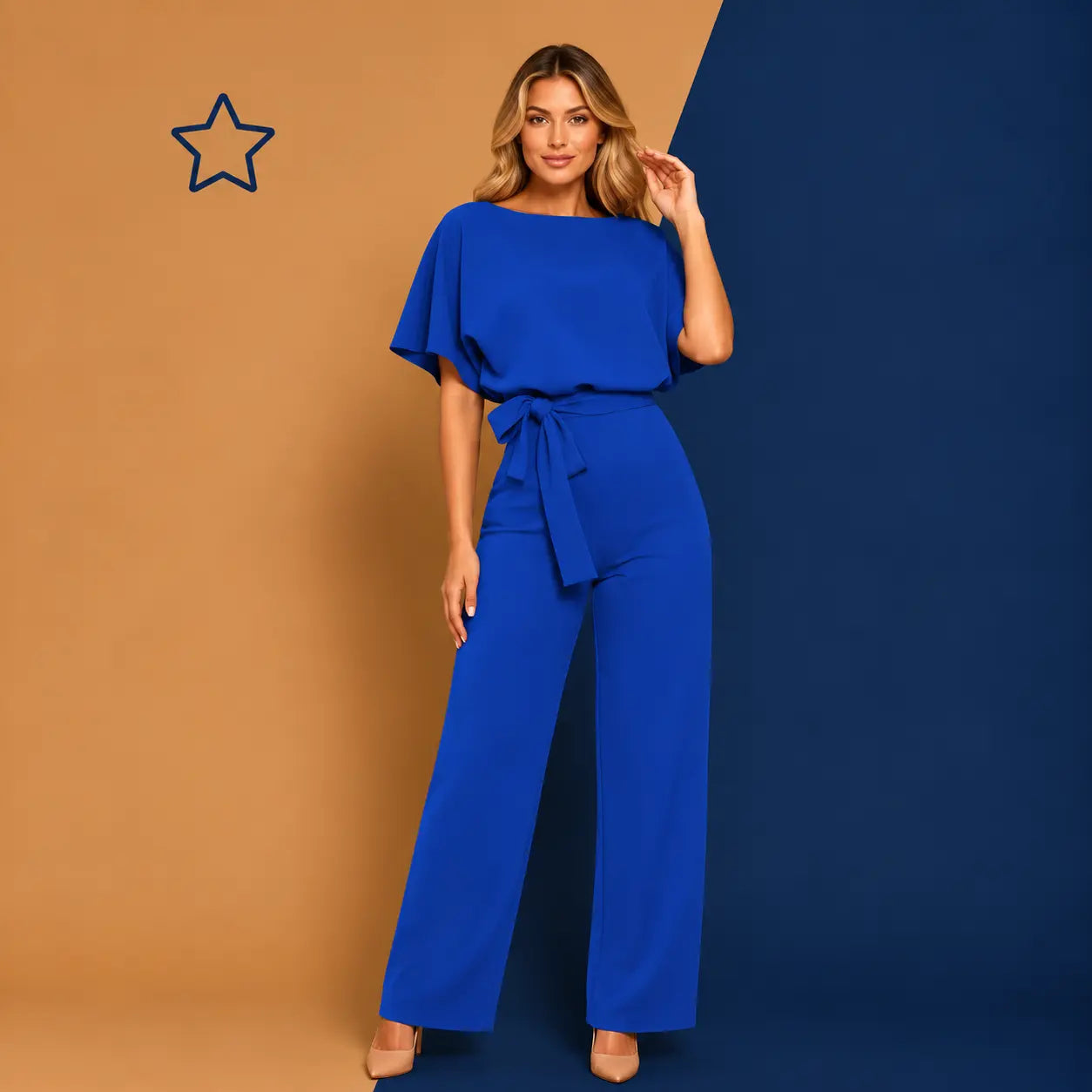 Women's Lace-Up Button Blue Jumpsuit by Irtevo Fashion