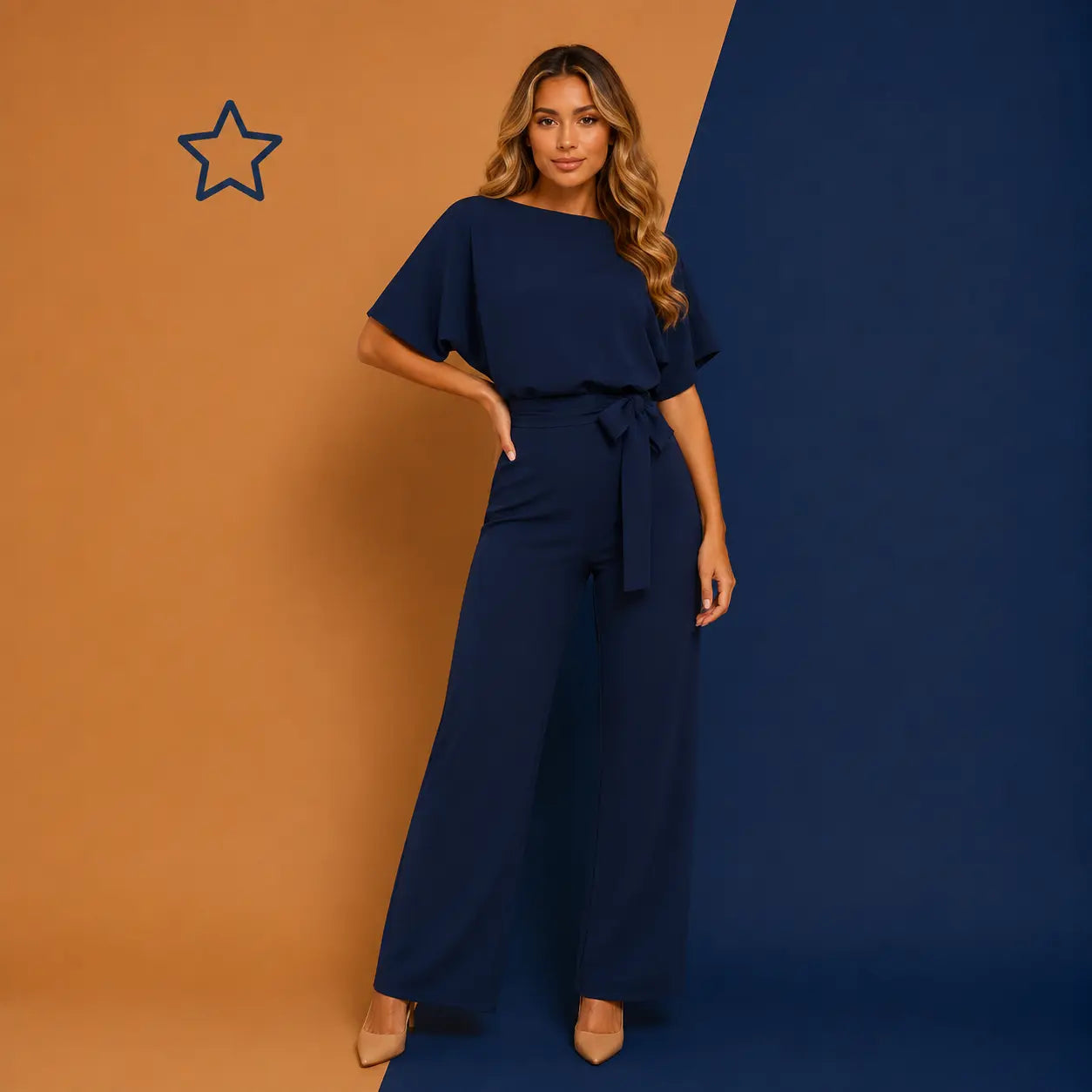 Women's Lace-Up Button Navy Jumpsuit by Irtevo Fashion