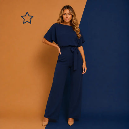 Women's Lace-Up Button Navy Jumpsuit by Irtevo Fashion