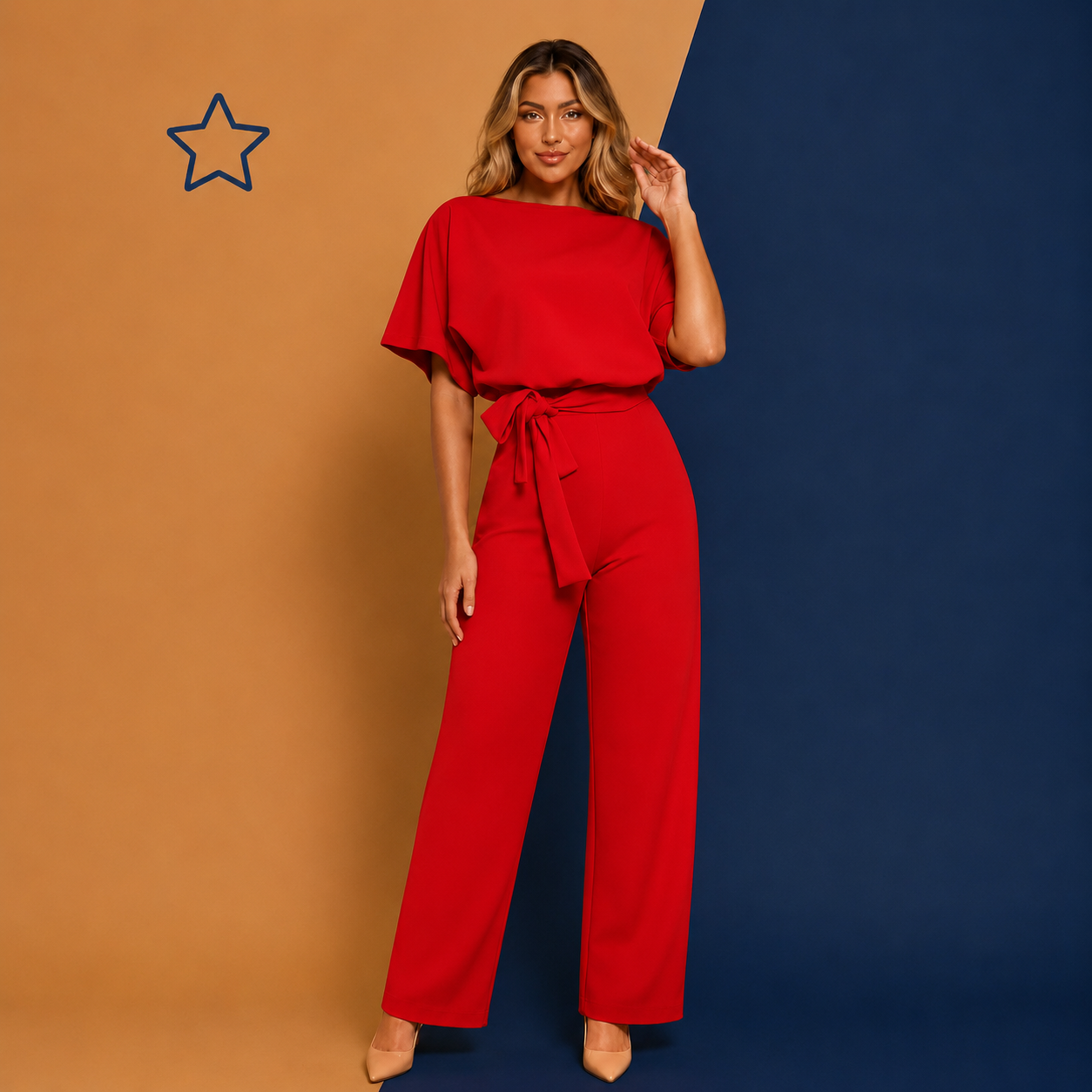 Women's Lace-Up Button Red Jumpsuit by Irtevo Fashion