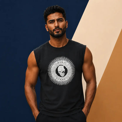 Irtevo Fashion Men's Black Sleeveless T-Shirt with Embroidered Skull