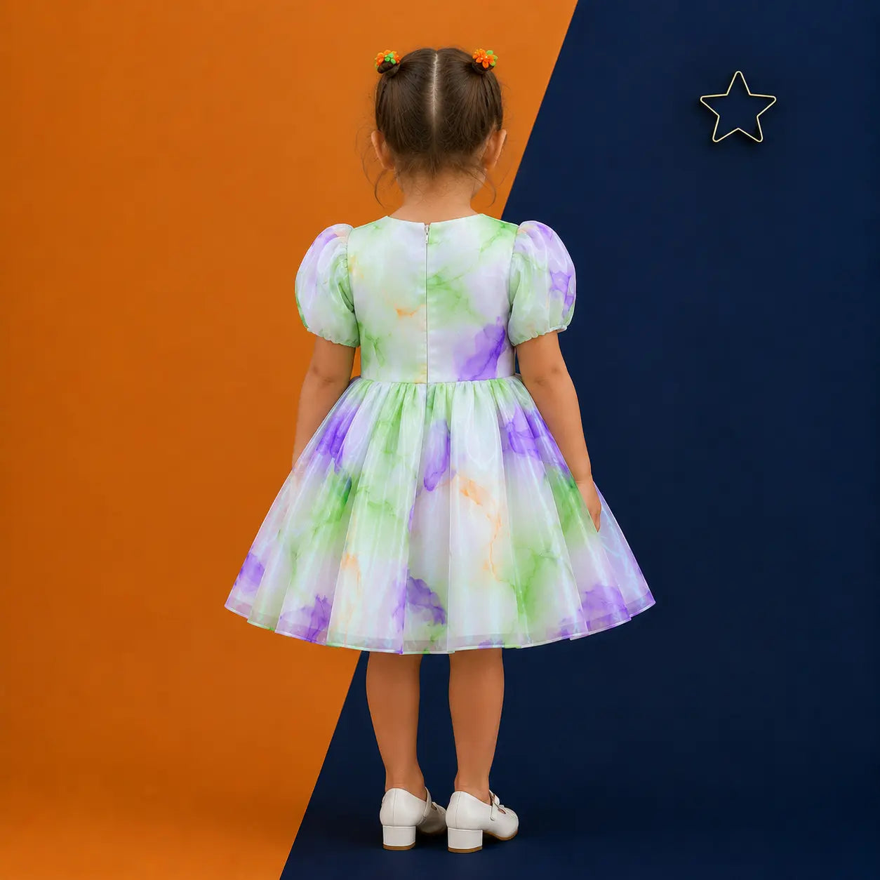 Irtevo Girls Lime & Purple Marble-Print Organza Party Frock with Front Bow