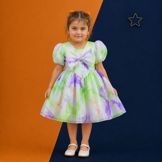 Irtevo Girls Lime & Purple Marble-Print Organza Party Frock with Front Bow