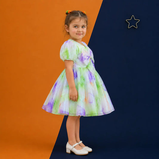 Irtevo Girls Lime & Purple Marble-Print Organza Party Frock with Front Bow