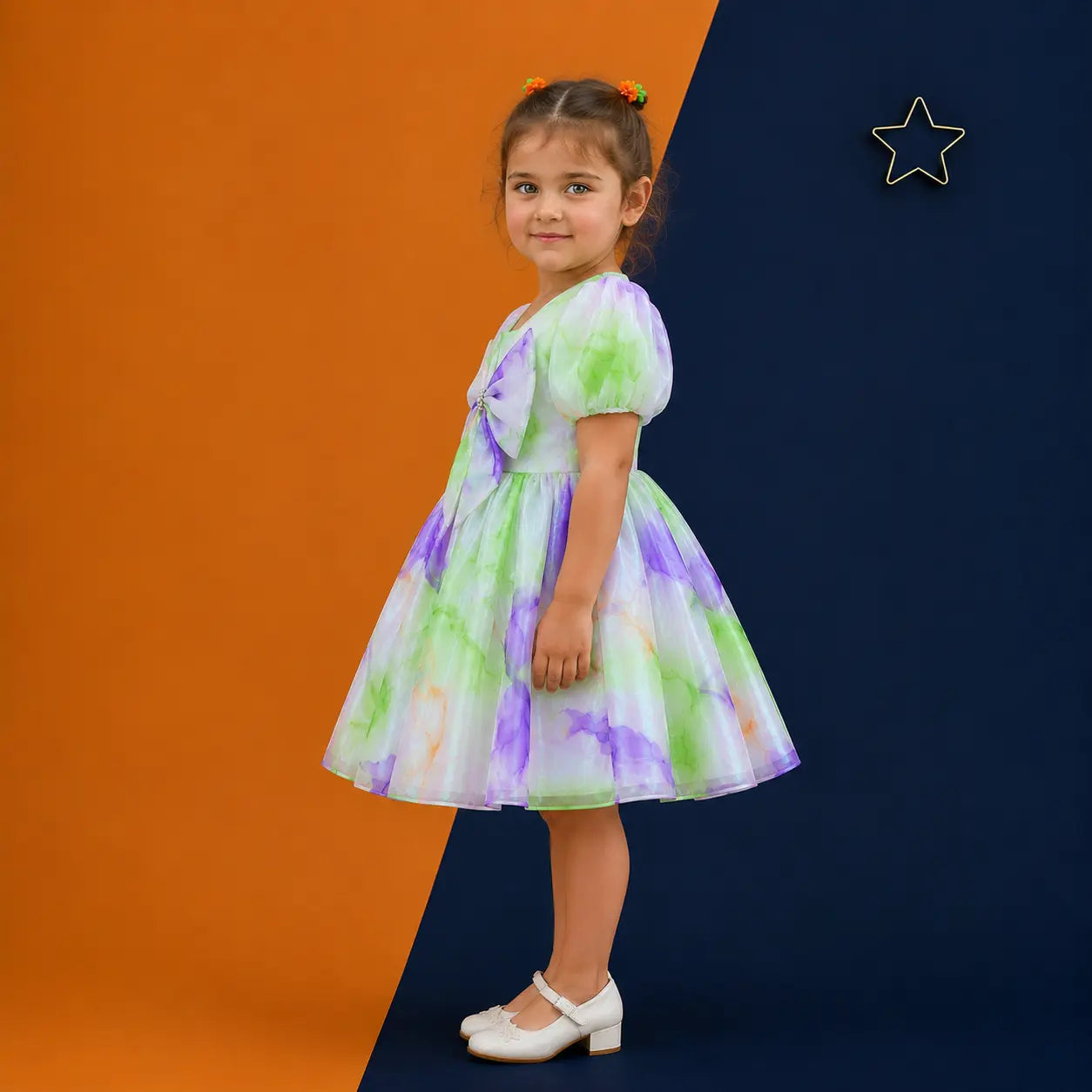 Irtevo Girls Lime & Purple Marble-Print Organza Party Frock with Front Bow