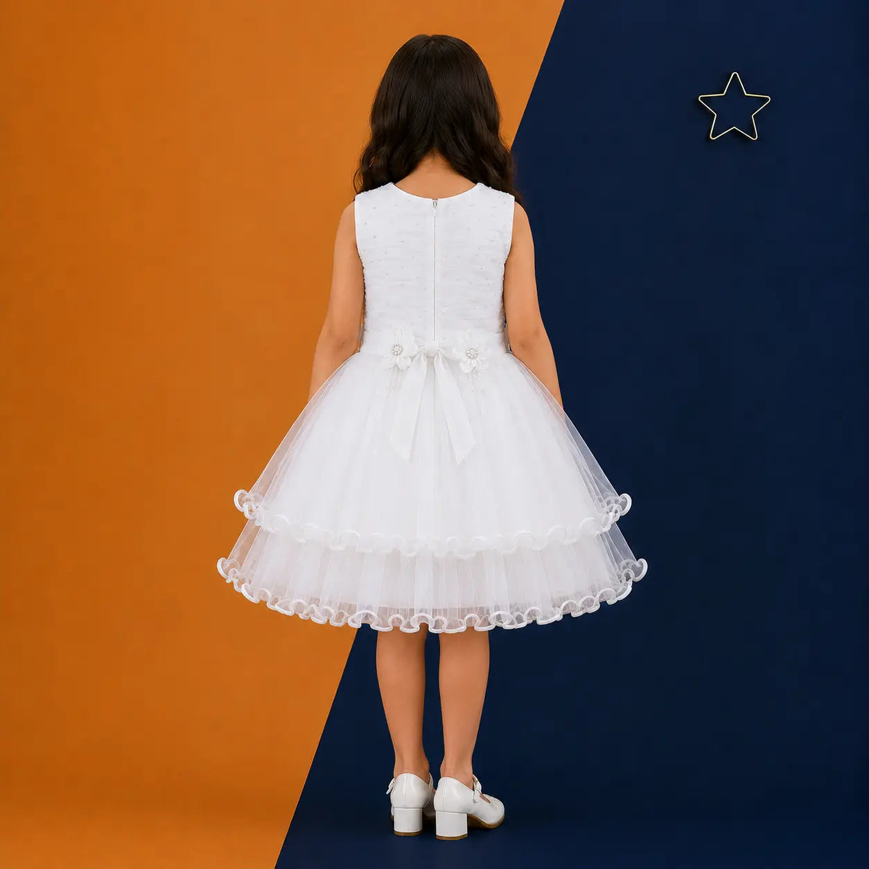 Irtevo Girls White Net Layered Partywear Frock with Pearl & Flower