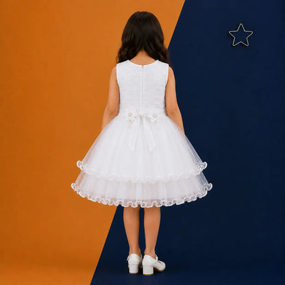 Irtevo Girls White Net Layered Partywear Frock with Pearl & Flower