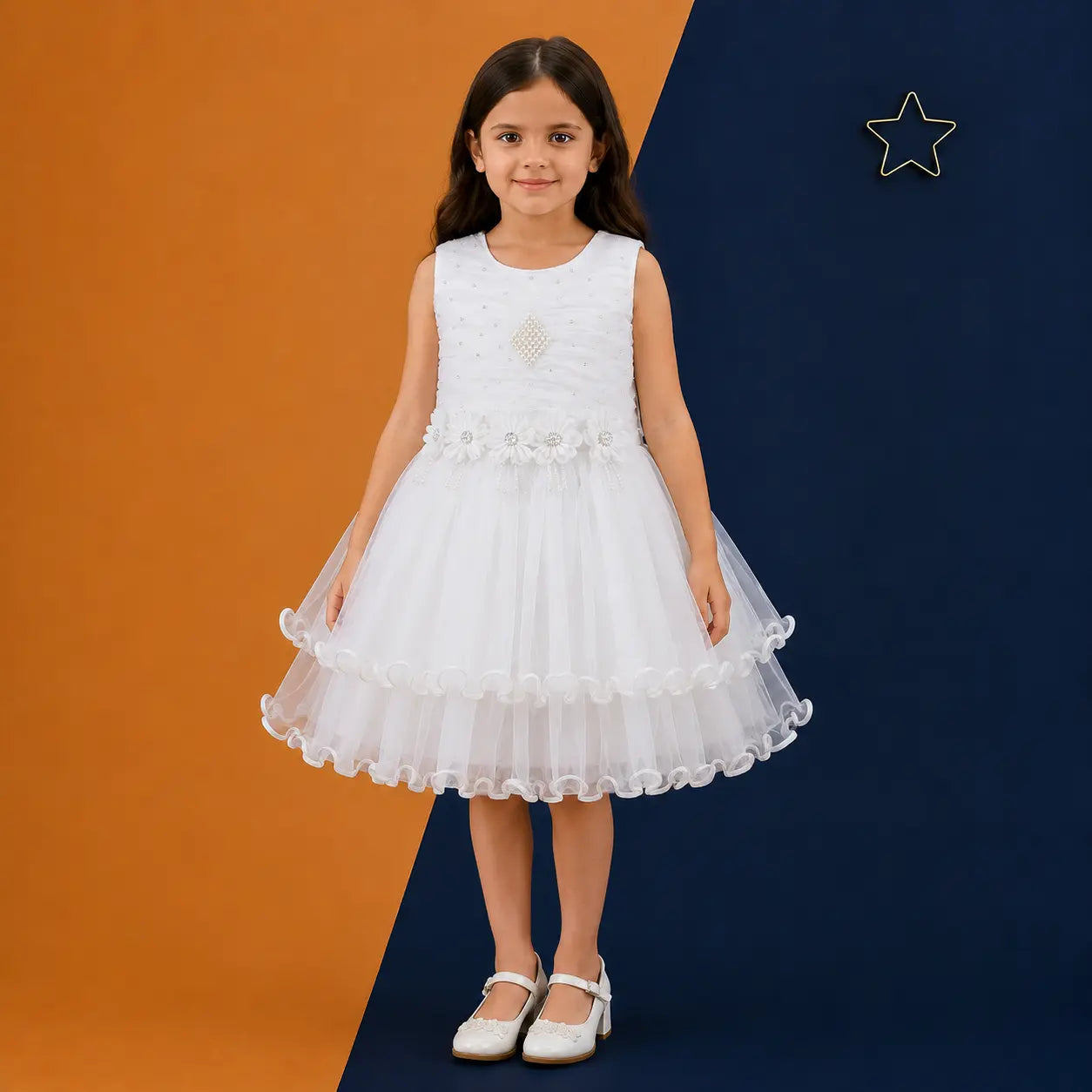 Irtevo Girls White Net Layered Partywear Frock with Pearl & Flower