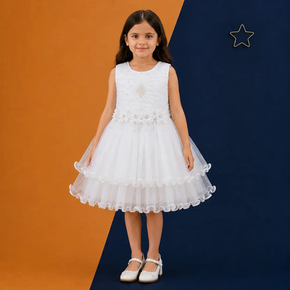 Irtevo Girls White Net Layered Partywear Frock with Pearl & Flower