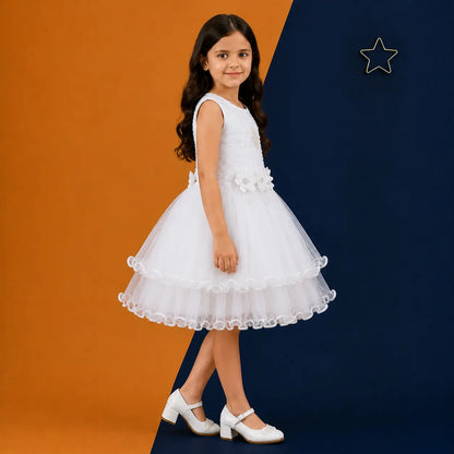 Irtevo Girls White Net Layered Partywear Frock with Pearl & Flower