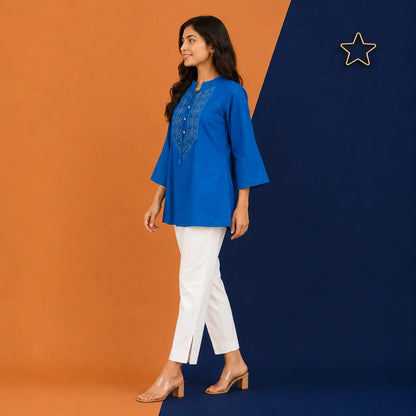 Irtevo Teen Girls Embellished Blue Ethnic Tunic Top