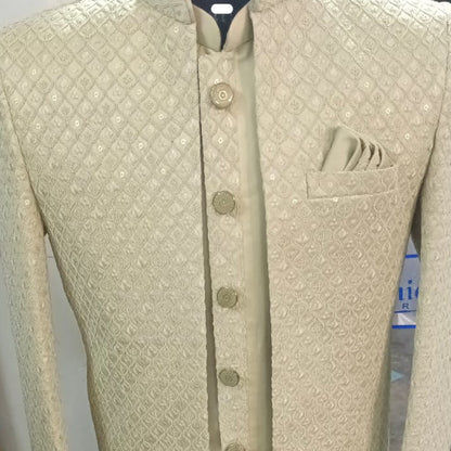 Jacquard light beige/champagne gold color sherwani