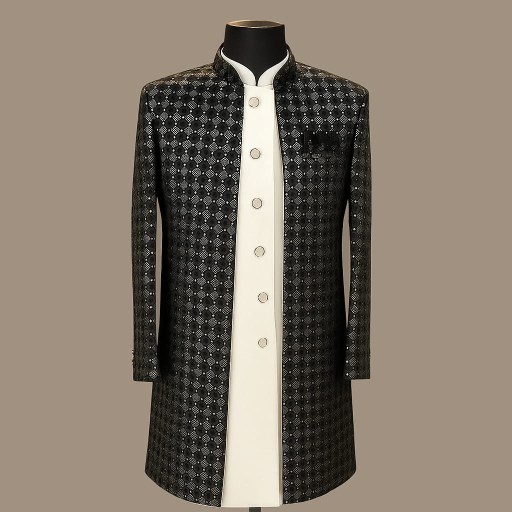 Jet Black Opulence Sherwani with sequence work and long jacket
