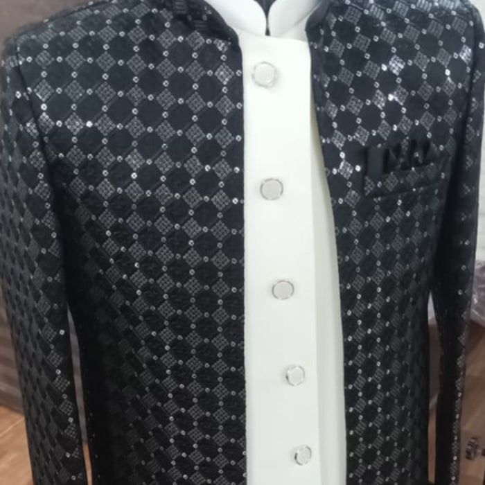 Jet Black Opulence Sherwani with sequence work and long jacket
