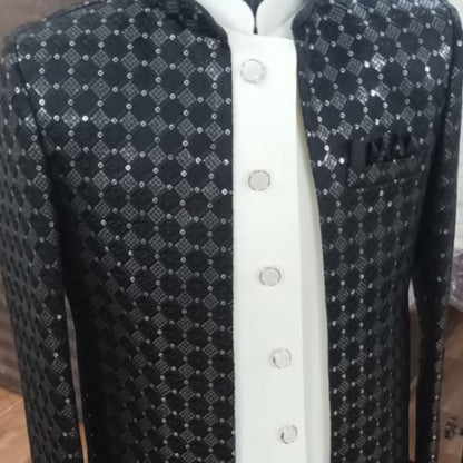 Jet Black Opulence Sherwani with sequence work and long jacket