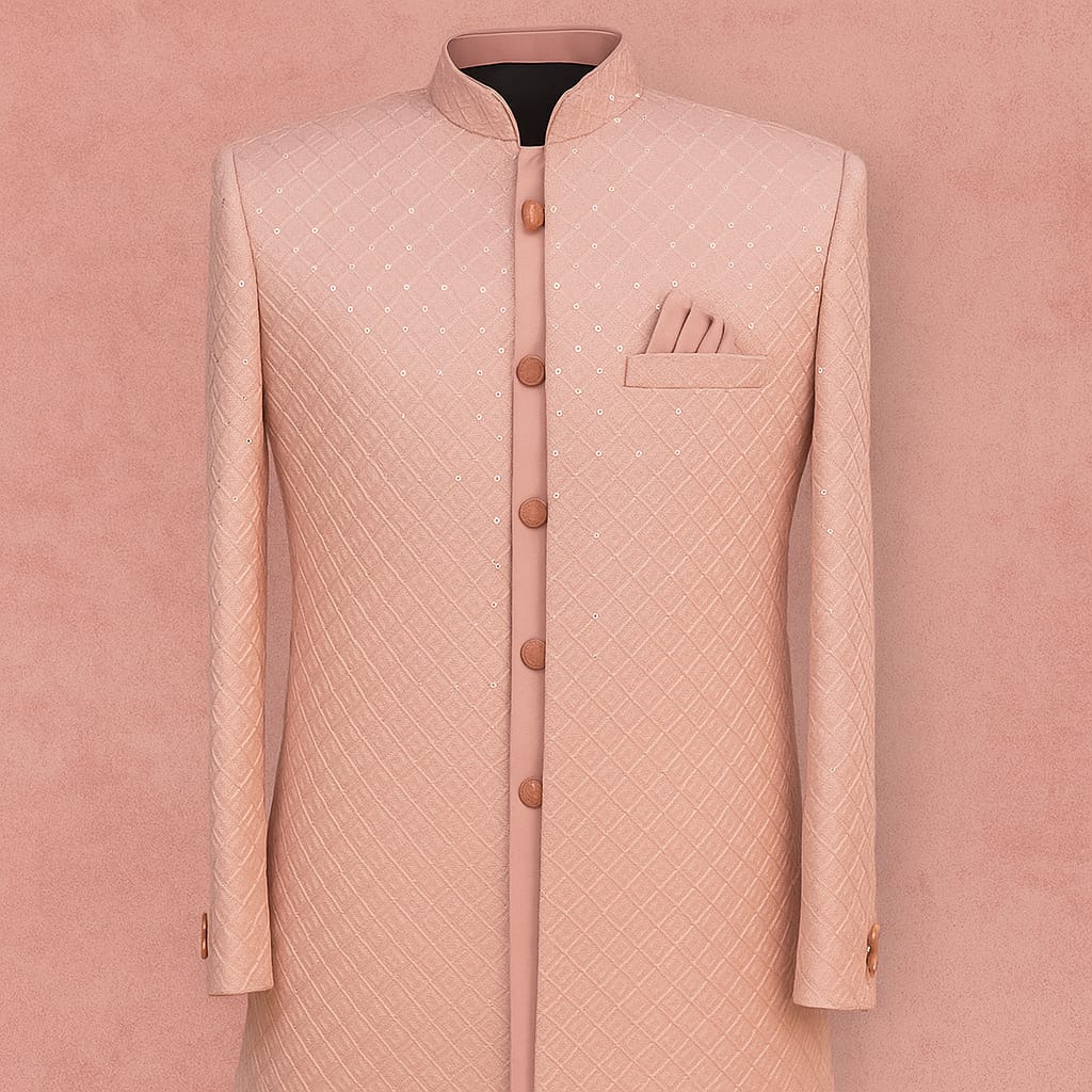 Light pink thread work open sherwani set