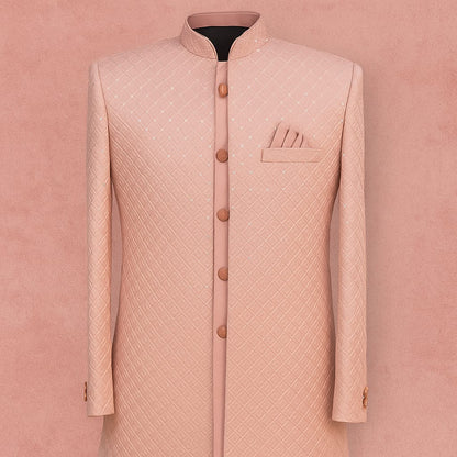 Light pink thread work open sherwani set