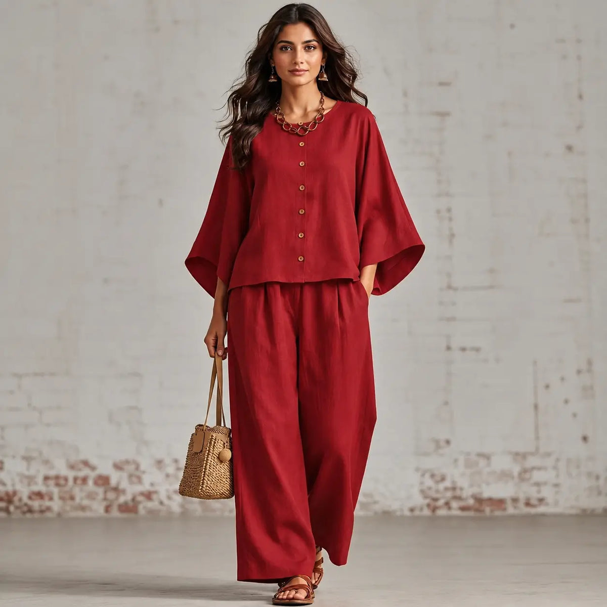 Round-neck Cardigan Three-quarter Sleeves Loose-fitting Casual Top Wide-leg Pants Set