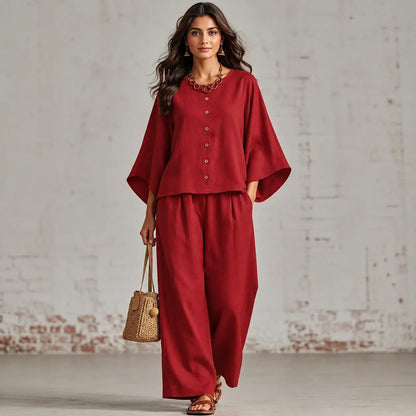 Round-neck Cardigan Three-quarter Sleeves Loose-fitting Casual Top Wide-leg Pants Set