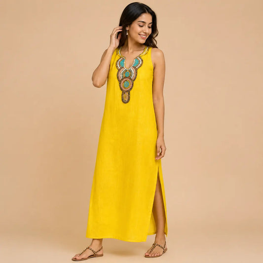 Irtevo Fashion V-neck cotton and linen split dress
