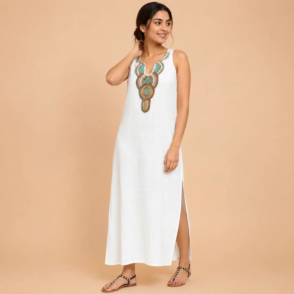 Irtevo Fashion V-neck cotton and linen split dress