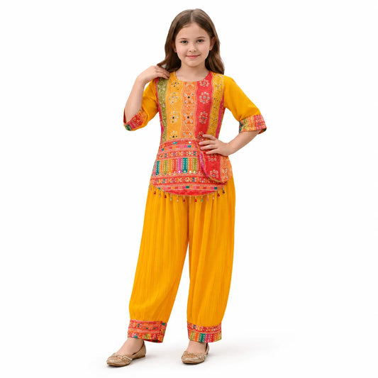 Irtevo Girls Yellow Bandhani Print Kurti with Pants & Potli Bag Set