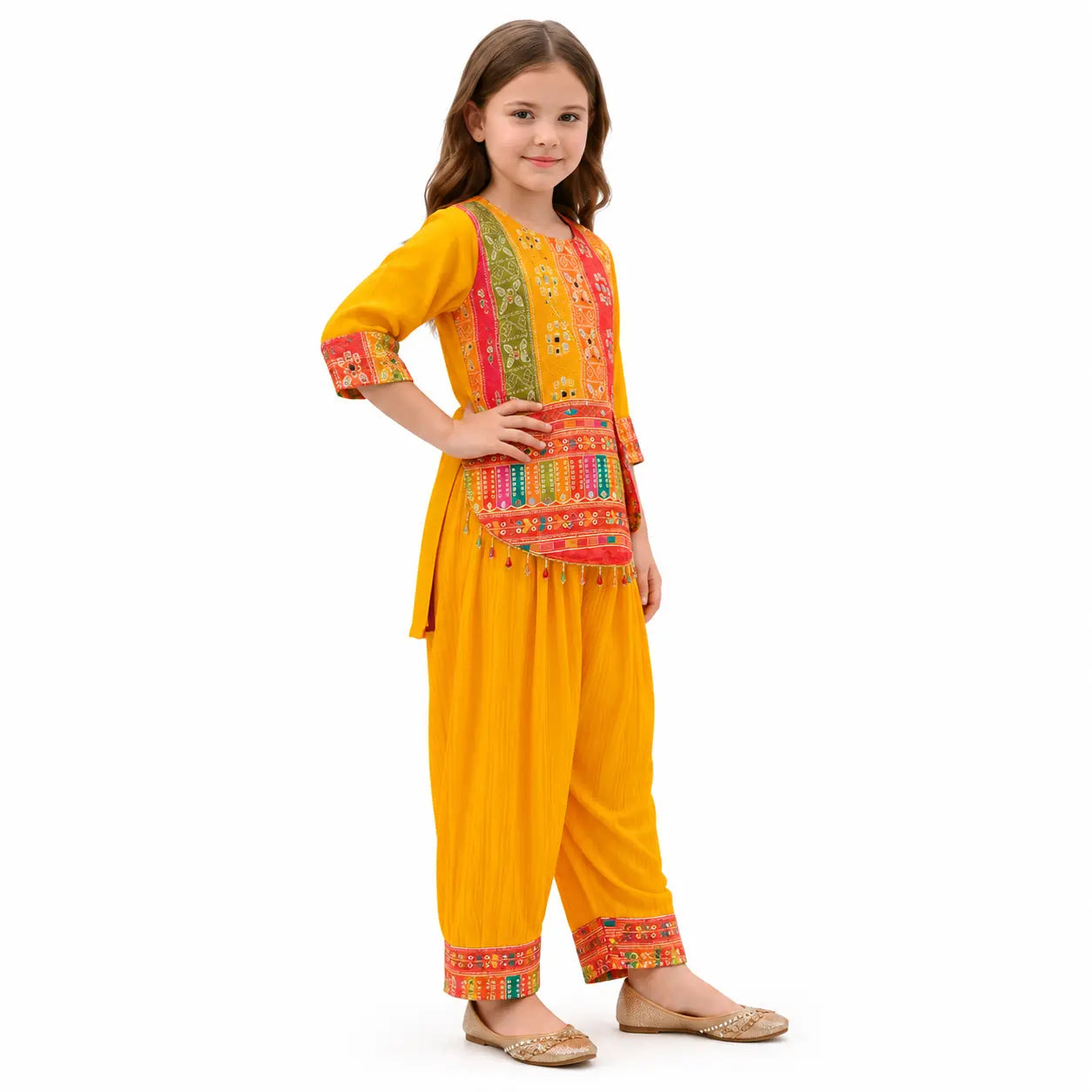 Irtevo Girls Yellow Bandhani Print Kurti with Pants & Potli Bag Set