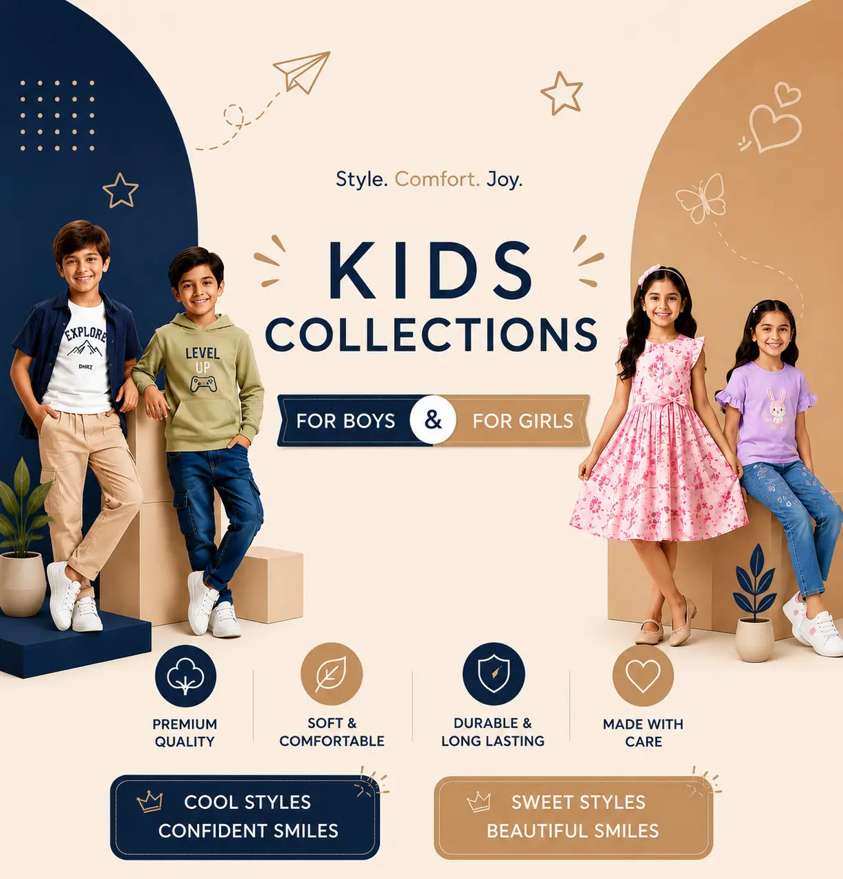 Banner showcasing the latest kids clothing collection for boys and girls.