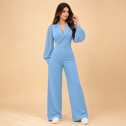 Fitted Jumpsuit With Pleated Long Sleeves And A Blazer Collar