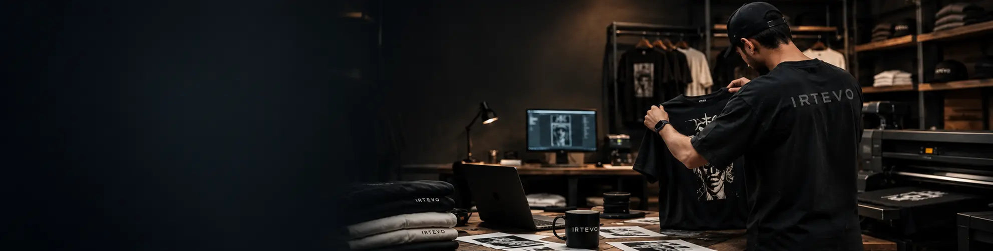 Irtevo team member inspecting a printed black T-shirt in a clothing workshop.