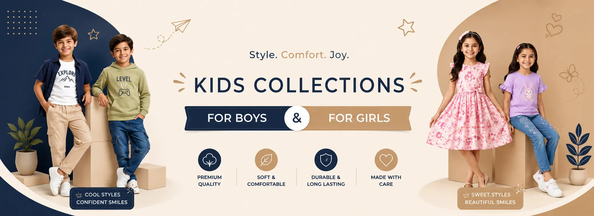 Banner showcasing the latest kids clothing collection for boys and girls.