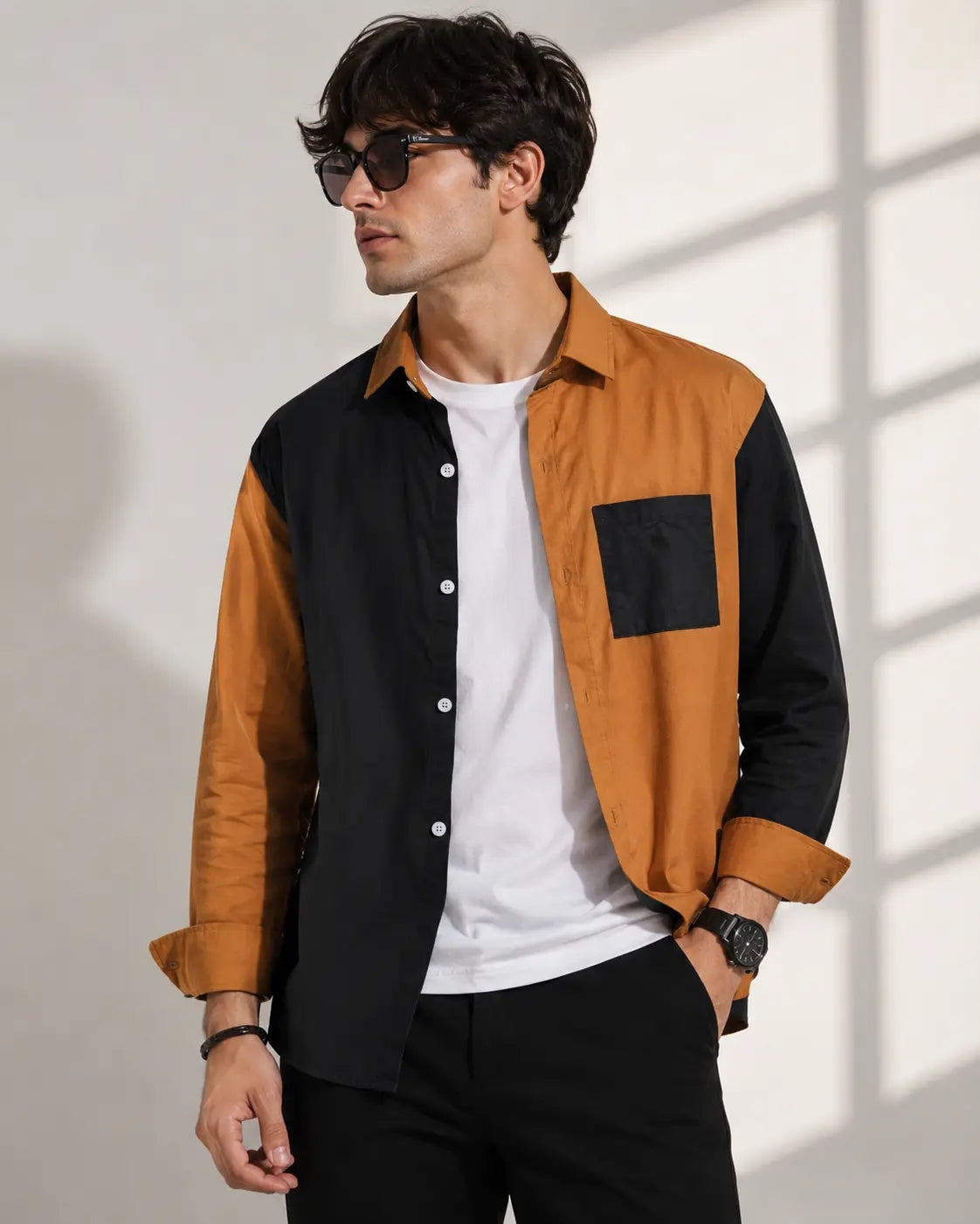Men's Colorblock Slim Long Sleeve Shirt Youth Fashion
