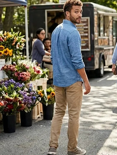 Review image highlighting the perfect tailor fit of the Irtevo men's linen shirt