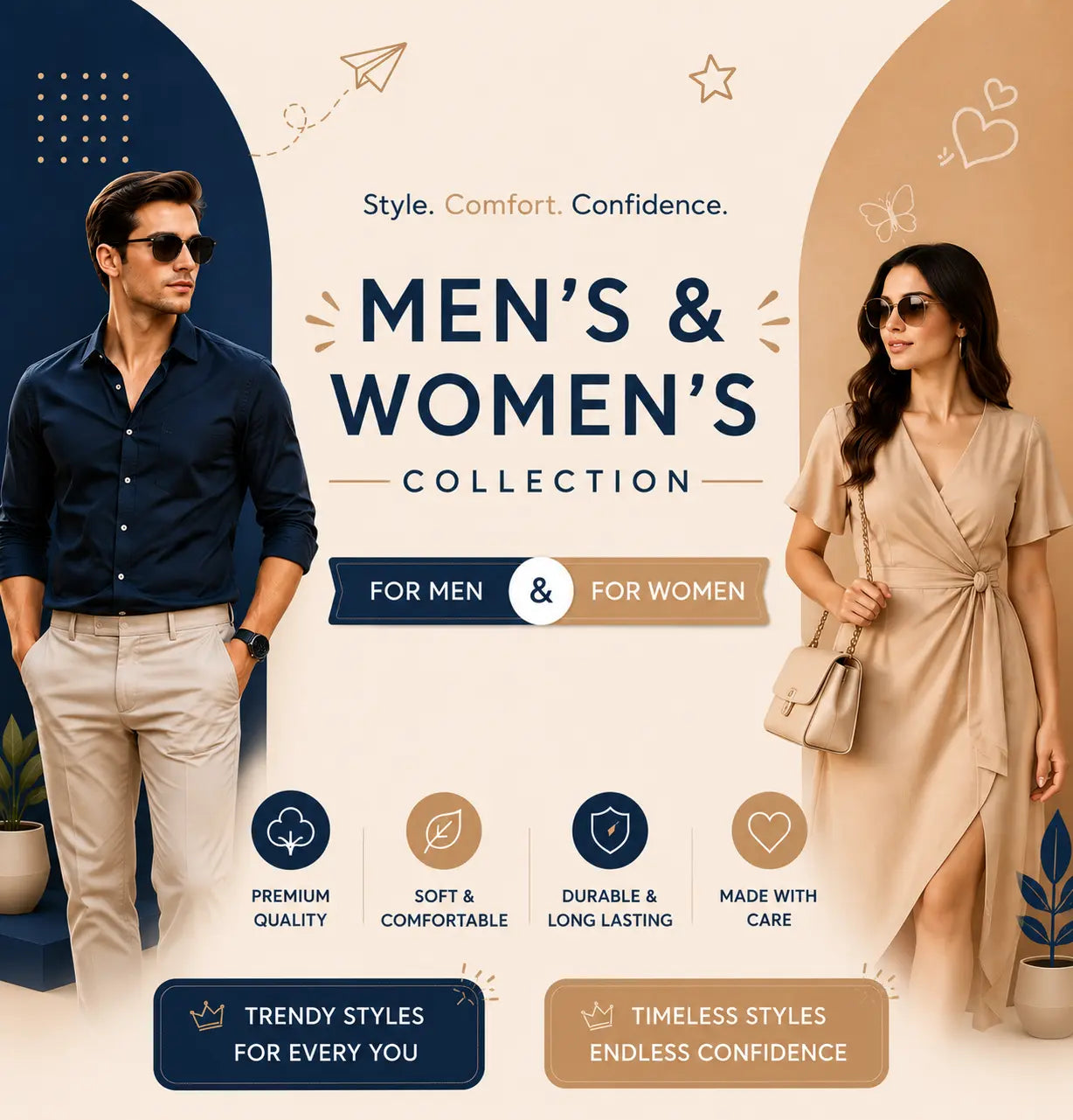 Seasonal wardrobe styles featuring models in modern outfits from the men's and women's fashion line for mobile 