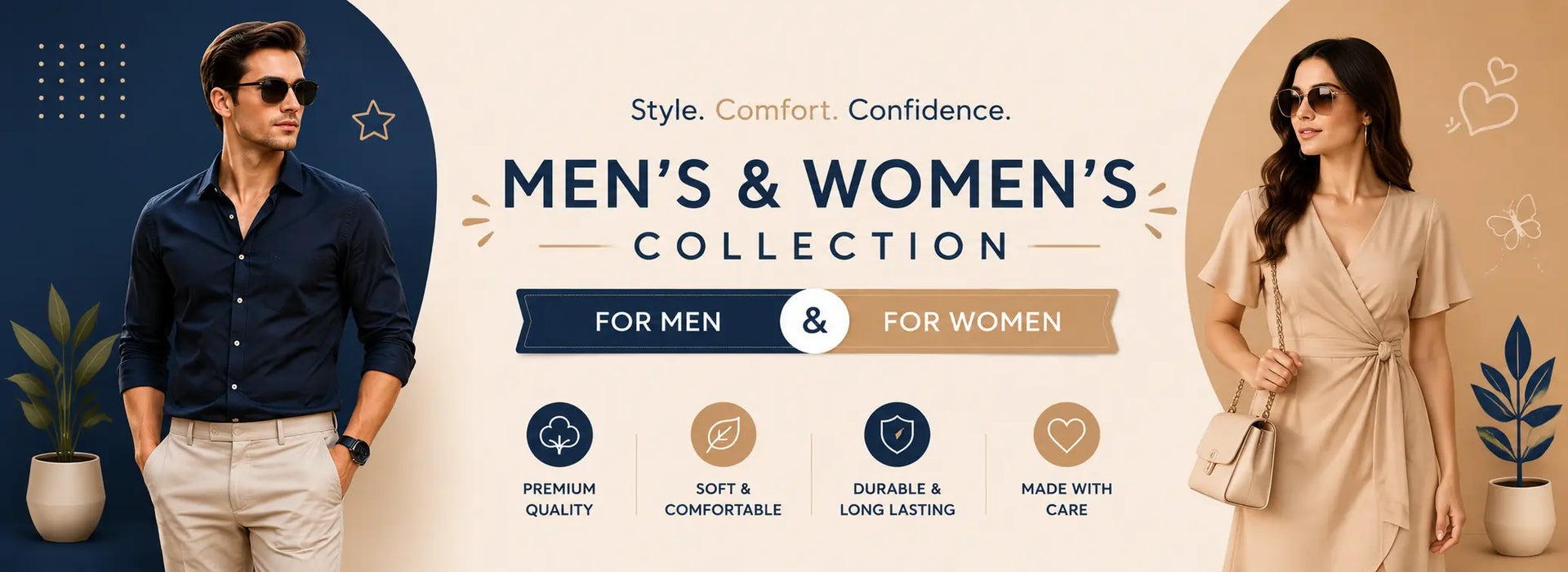 Seasonal wardrobe styles featuring models in modern outfits from the men's and women's fashion line